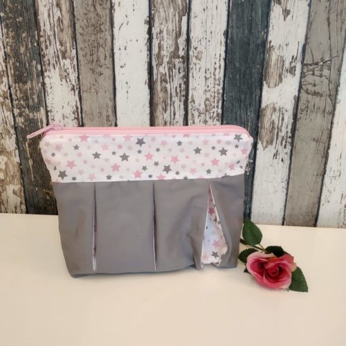 Kosmetiktasche, Schminktasche, innen Wasserabweisend, rosa Sterne/grau